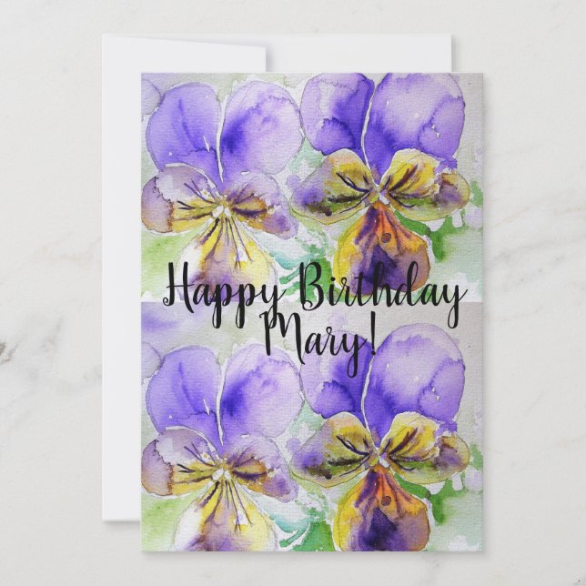Purple Viola pansy Watercolour Birthday Invitation (Front)