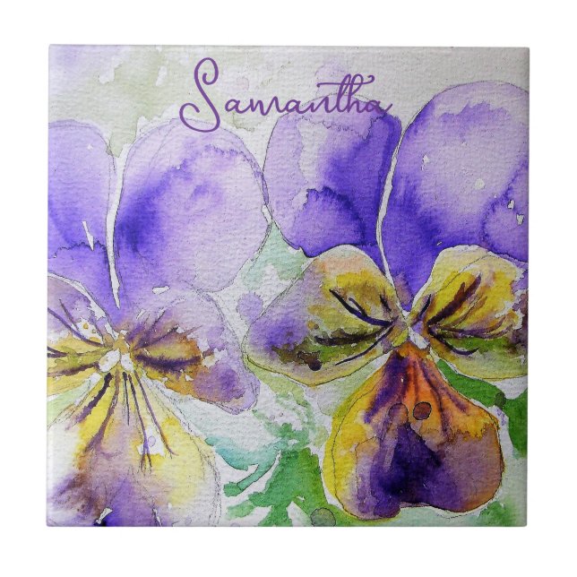 Purple Viola Violets Watecolor Floral Art Design Tile (Front)