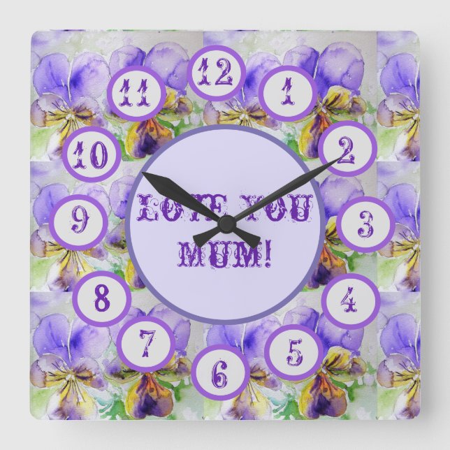 Purple Viola Watercolour Floral Acrylic Wall Clock (Front)