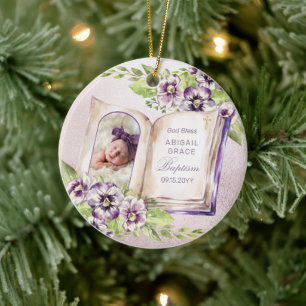 Purple Violet Arched Photo Unique Baptism Keepsake Ceramic Tree Decoration