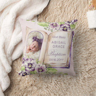 Purple Violet Arched Photo Unique Baptism Keepsake Cushion