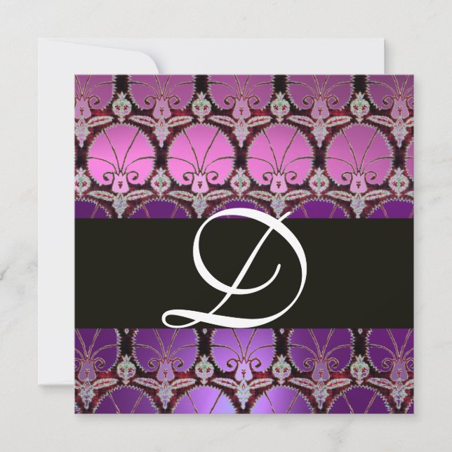 PURPLE VIOLET BLACK  DAMASK CARNATIONS MONOGRAM INVITATION (Front)