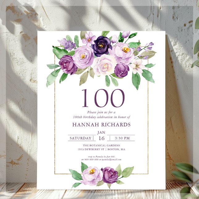 Purple | Violet Floral 100th Birthday Invitation (Creator Uploaded)