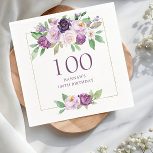 Purple   Violet Floral 100th Birthday Napkin