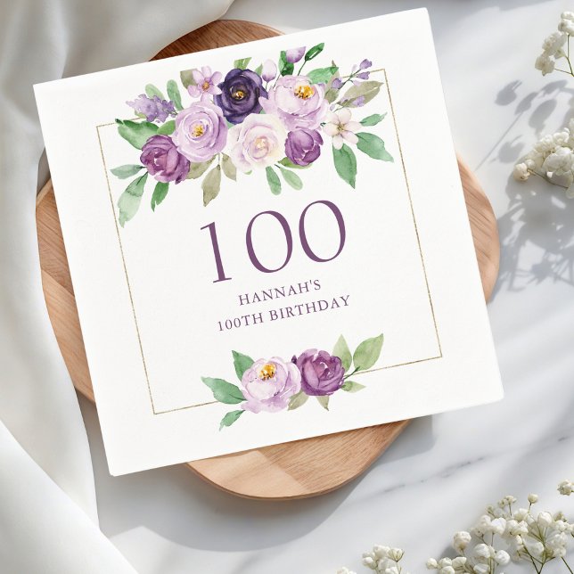 Purple | Violet Floral 100th Birthday Napkin (Creator Uploaded)
