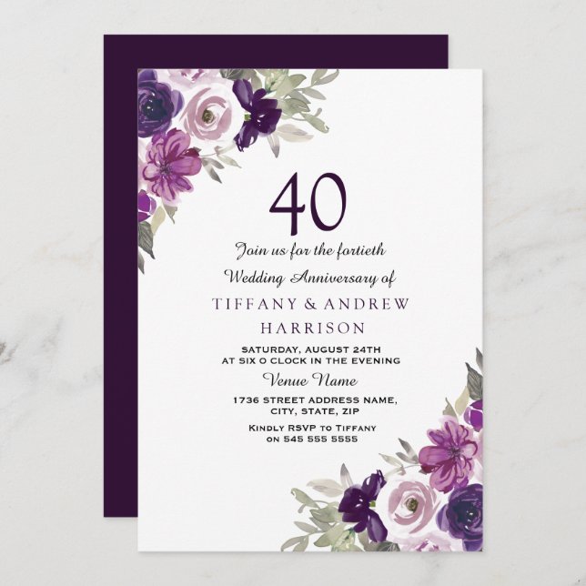 Purple Violet Floral 40th Wedding Anniversary Invitation (Front/Back)