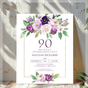 Purple Violet Floral 90th Birthday Invitation