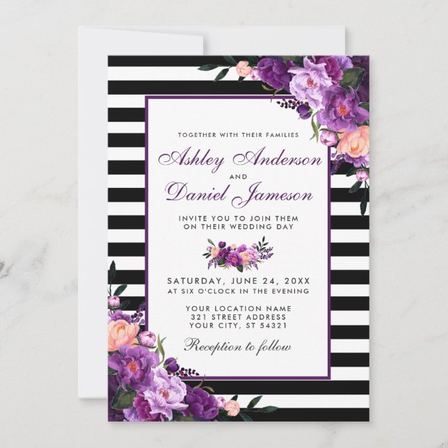 Purple Violet Floral Black Stripes Wedding Invitation (Front)