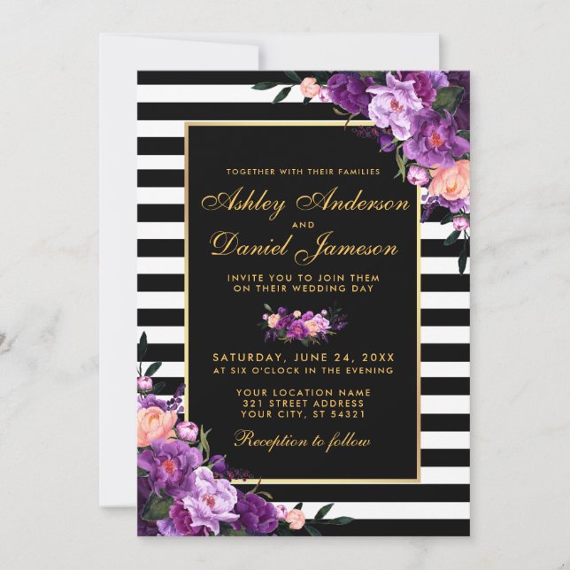 Purple Violet Floral Gold Black Stripes Wedding Invitation (Front)