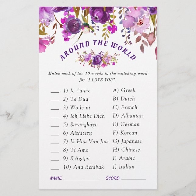 Purple Violet Floral Greenery Bridal Shower Game (Front)