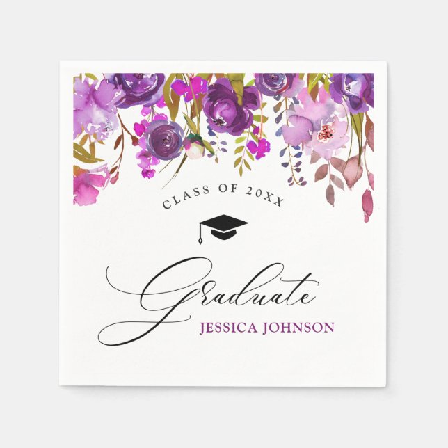 Purple Violet Floral Modern Style Graduation Party Napkin (Front)