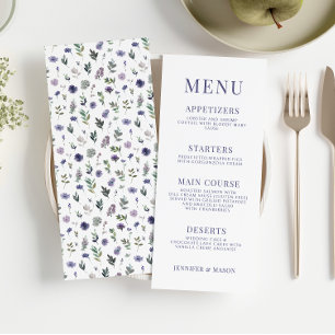 Purple violet floral rustic wedding menu cards
