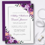 Purple Violet Floral Silver Wedding Invitation<br><div class="desc">Watercolor Purple Ultra Violet Floral Wedding Invitation Card - Purple Back</div>