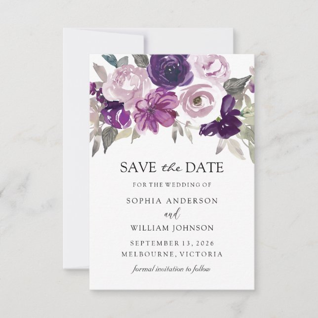 Purple Violet Floral Watercolor Wedding Save The Date (Front)