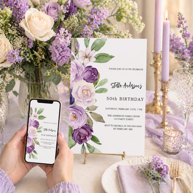 Purple violet florals birthday invitation (Creator Uploaded)
