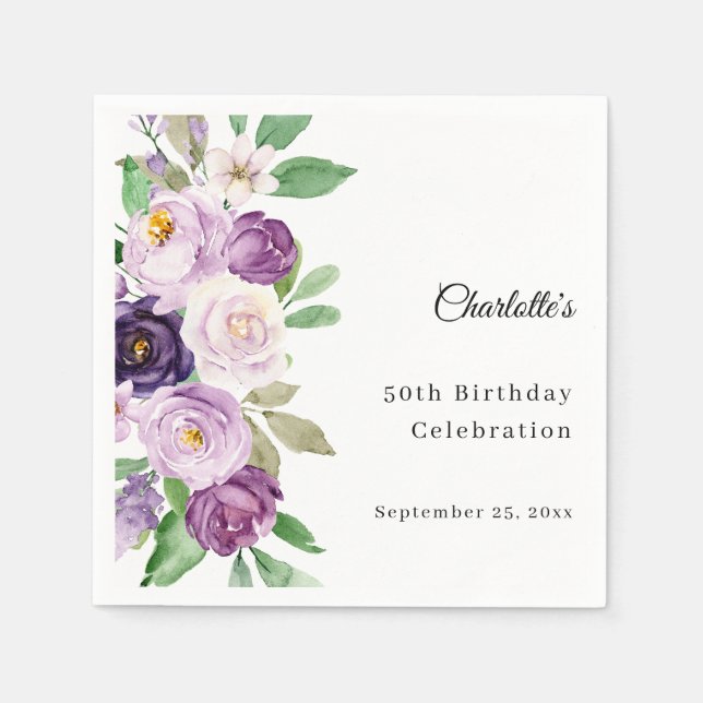 Purple violet florals birthday napkin (Front)