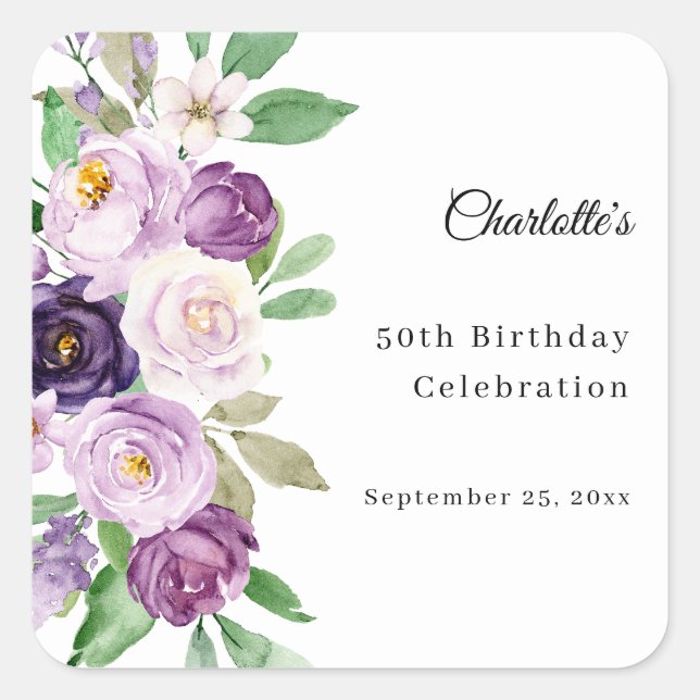 Purple violet florals birthday square sticker (Front)