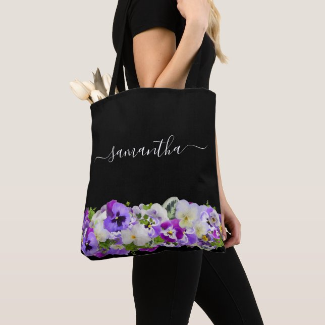 Purple violet florals black script monogram tote bag (Close Up)