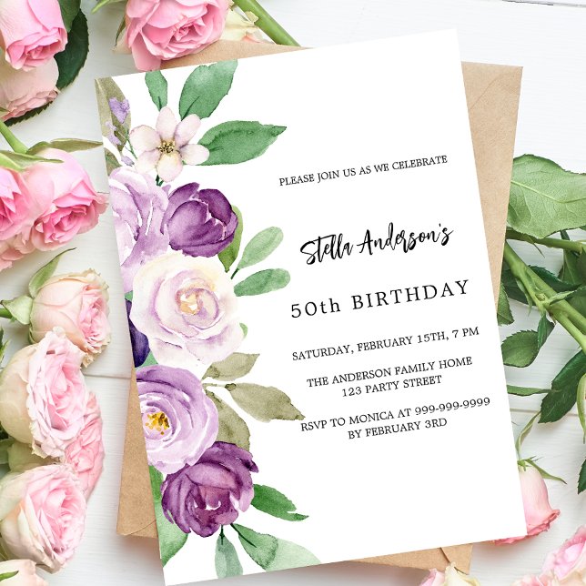 Purple violet florals luxury birthday invitation (Creator Uploaded)