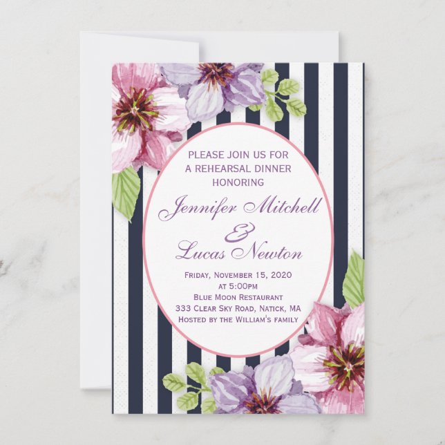 Purple violet flowers Rehearsal Dinner Invitation (Front)