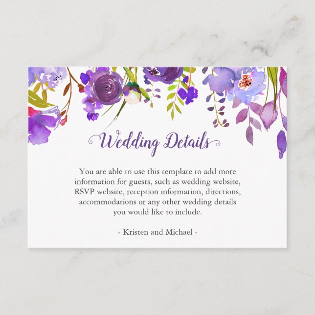 Purple Violet Flowers Wedding Details Reception Enclosure Card (Front)