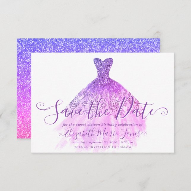 Purple Violet Glitter ChicDress Sweet 16 Birthday Save The Date (Front/Back)
