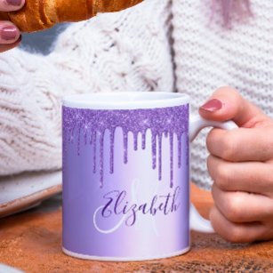 Purple Violet Glitter Drips Metal Monogram Coffee Mug