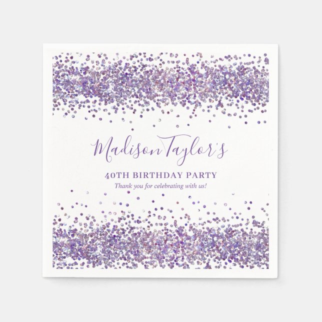Purple Violet Glitter Sparkle Confetti Birthday Napkin (Front)