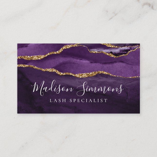 Purple Violet Gold Agate Geode Monogram Script Business Card (Front)
