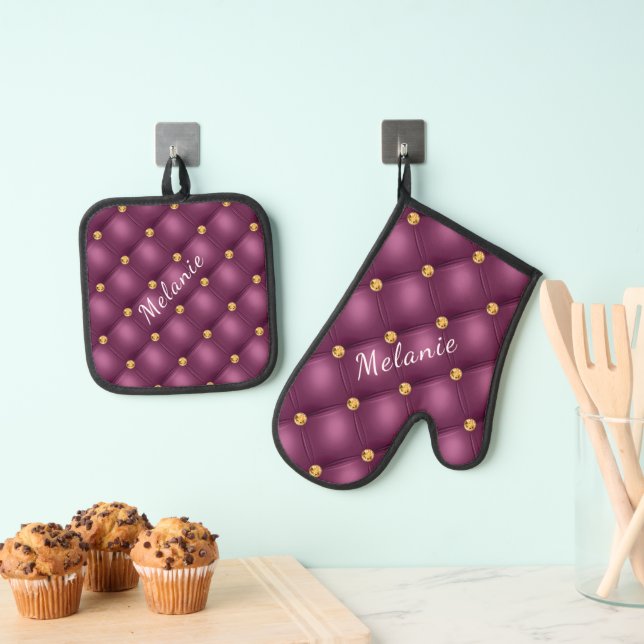 Purple Violet Gold Diamond Tufted Custom Name Oven Mitt & Pot Holder Set (Insitu(Hanging))