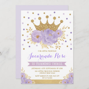 Purple Violet Gold Floral Crown Princess Birthday Invitation