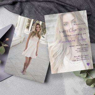 Purple violet heart simple photo sweet sixteen invitation