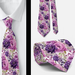 Purple Violet Peonies Poenies Floral Tie