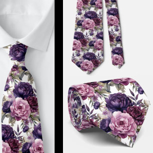 Purple Violet Peonies Poenies Floral Tie
