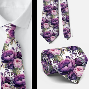 Purple Violet Peonies Poenies Floral Tie