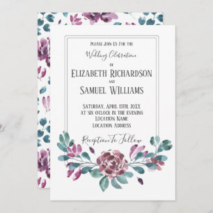 Purple Violet Peonies Watercolor Weddings Invitation