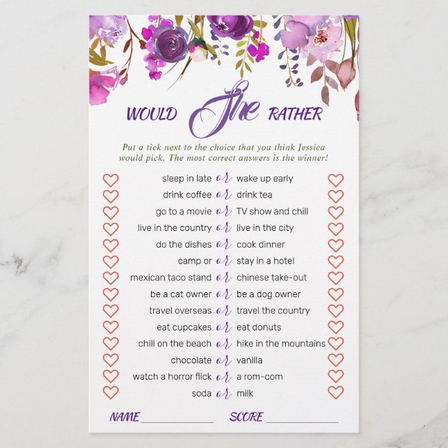 Purple Violet Peony Floral Bridal Shower Game (Front)