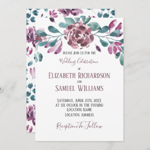Purple Violet Peony Watercolor Wedding Invitation