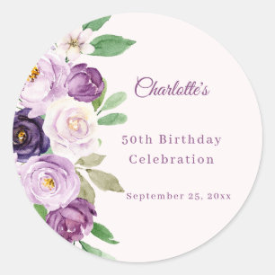 Purple violet pink florals birthday classic round sticker