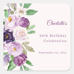 Purple violet pink florals birthday square sticker