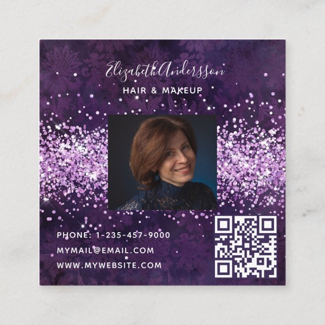 Purple violet profile photo qr code  square business card (Back)