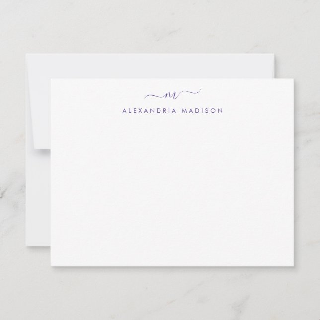 Purple Violet Script Monogram Swash Stationery Card (Front)