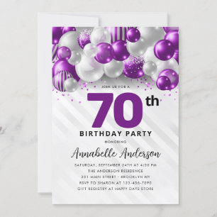 Purple Violet Silver Balloon Glitter 70th Birthday Invitation