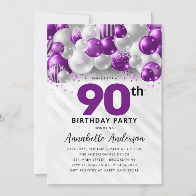 Purple Violet Silver Balloon Glitter 90th Birthday Invitation (Front)