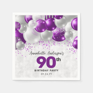 Purple Violet Silver Balloon Glitter 90th Birthday Napkin