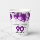 Purple Violet Silver Balloon Glitter 90th Birthday Paper Cups<br><div class="desc">Modern Glam Purple Violet Silver Balloon Glitter Sparkle Any Age Birthday Party Cups</div>