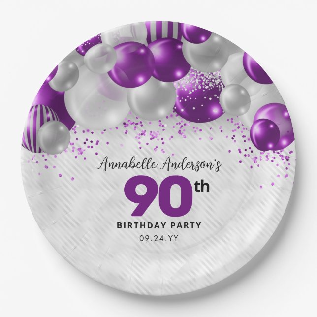 Purple Violet Silver Balloon Glitter 90th Birthday Paper Plate (Front)