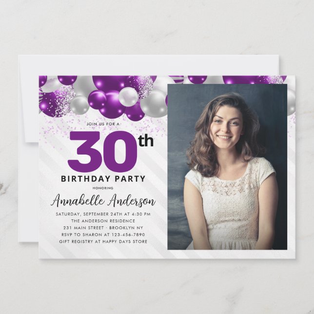 Purple Violet Silver Balloon Photo Birthday Invitation (Front)