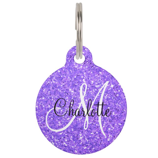 Purple violet sparkling glitter monogrammed      pet tag (Front)