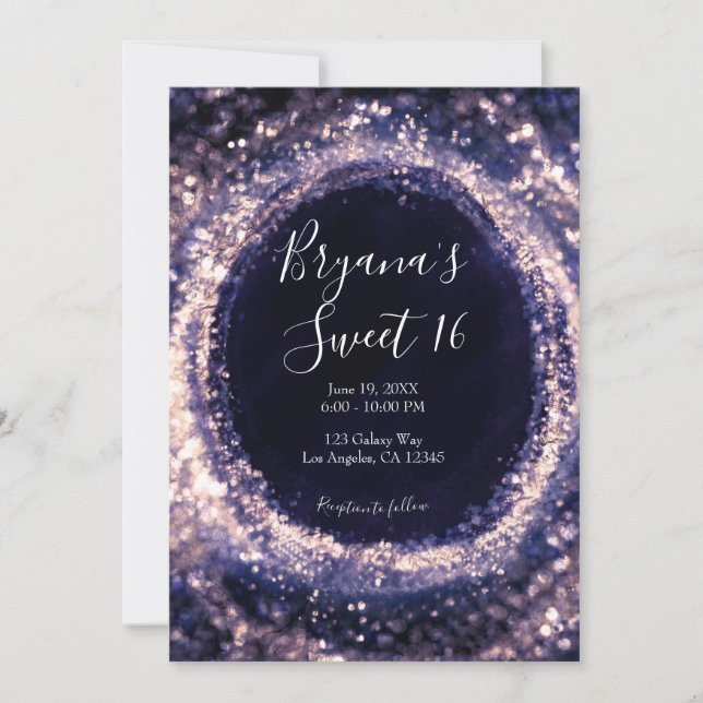 Purple Violet Sparkling Lights Glam Sweet 16 Party Invitation (Front)